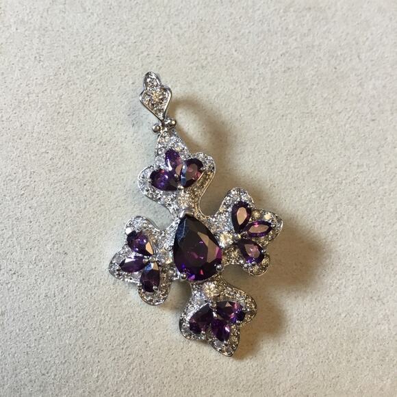 Sterling Silver Purple Crystal Flower Pendant - Picture 3 of 8